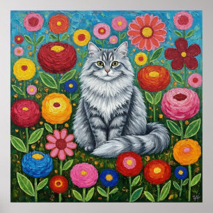 Fluffy Grey Striped Cat with Folk Art Flowers Poster