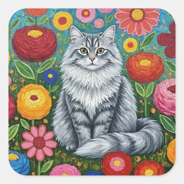 Fluffy Grey Striped Cat with Folk Art Flowers Square Sticker (Front)