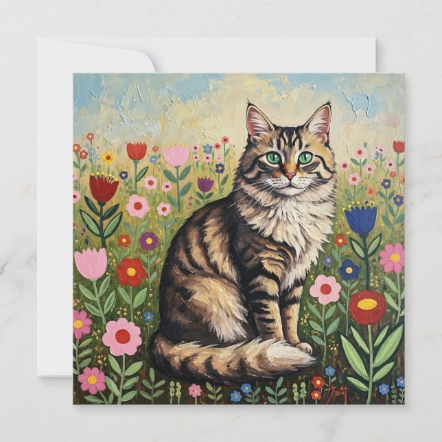 Fluffy Grey Tabby Cat and Folk Art Flowers (Front)