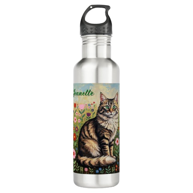 Fluffy Grey Tabby Cat and Folk Art Flowers 710 Ml Water Bottle (Front)