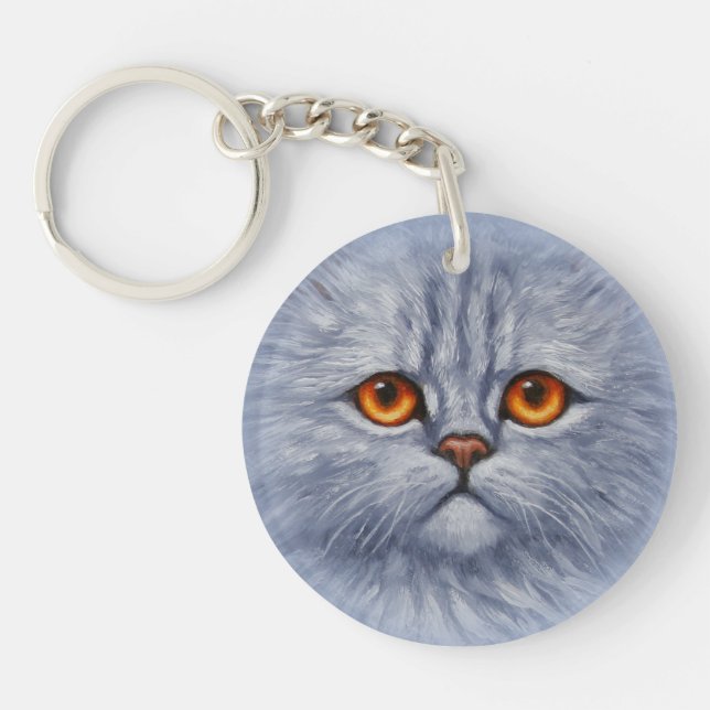 Fluffy Grey Tabby Cat Kitten Face Key Ring (Front)