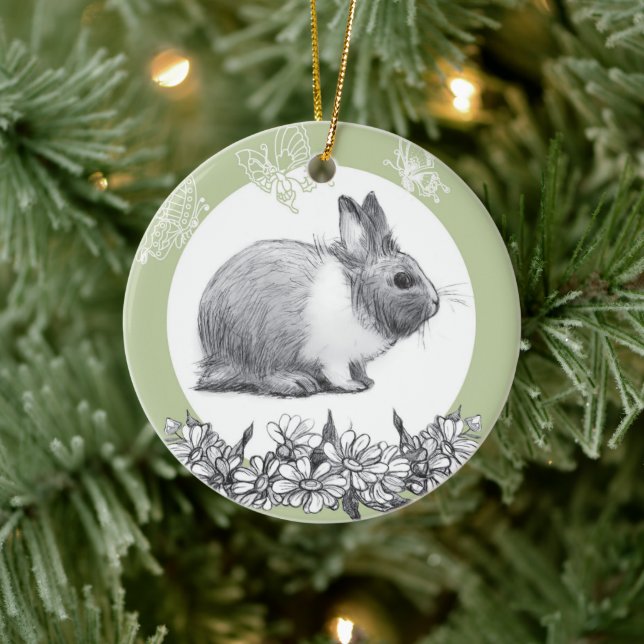 Fluffy hare with butterflies on green background ceramic tree decoration (Tree)