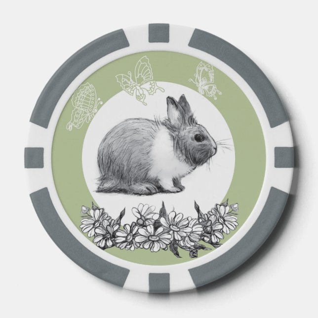 Fluffy hare with butterflies on green background poker chips (Front)