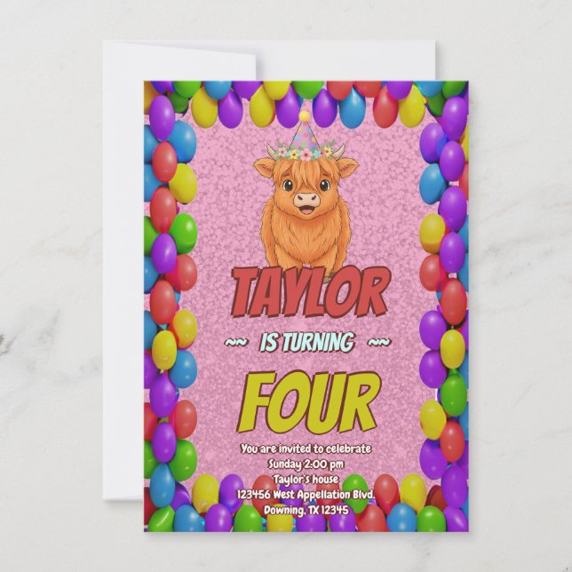 Fluffy Highland Cow Birthday Invite (Front)