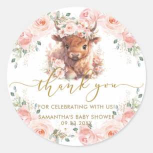 Fluffy Highland Cow Pink Floral Baby Shower Classic Round Sticker