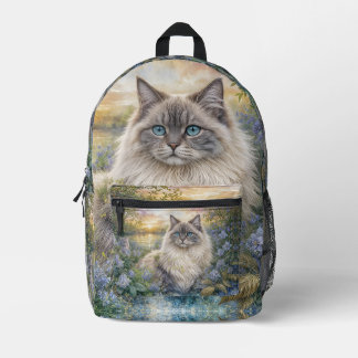 Fluffy Himalayan Cat In Purple Garden at Sunrise Printed Backpack