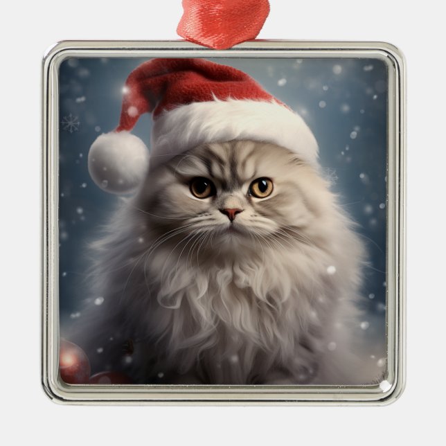 FLUFFY HOLIDAY CHRISTMAS PERSIAN TABBY KITTEN METAL TREE DECORATION (Front)