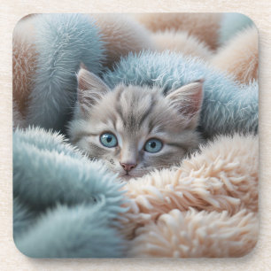 Fluffy Kitten in a Soft Blanket Coaster