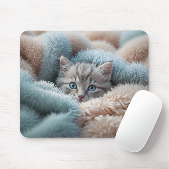 Fluffy Kitten in a Soft Blanket Mouse Pad (With Mouse)