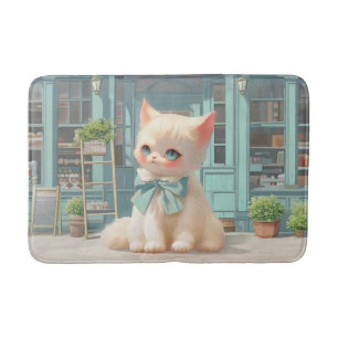 Fluffy Kitten with Blue Bow at Pastry Shop Bath Mat