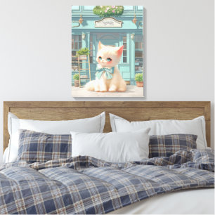 Fluffy Kitten with Blue Bow at Pastry Shop Canvas Print