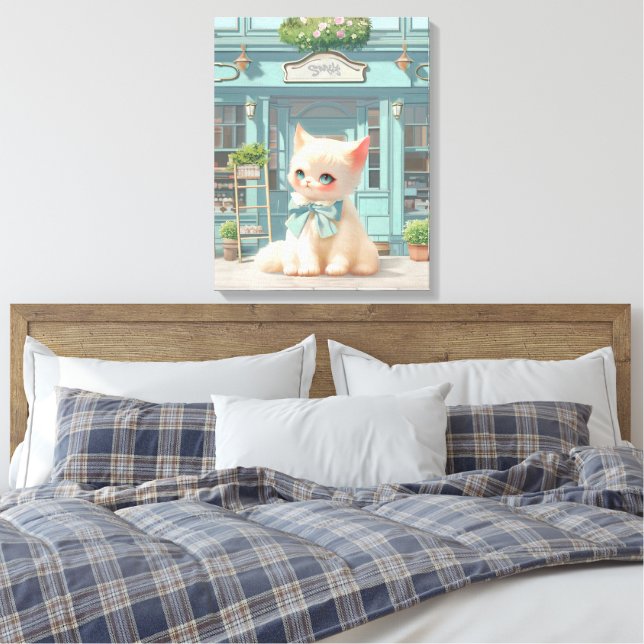 Fluffy Kitten with Blue Bow at Pastry Shop Canvas Print (Insitu(Bedroom))