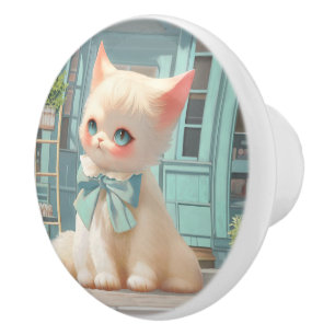 Fluffy Kitten with Blue Bow at Pastry Shop Ceramic Knob