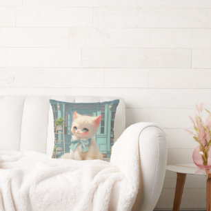 Fluffy Kitten with Blue Bow at Pastry Shop Cushion