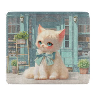 Fluffy Kitten with Blue Bow at Pastry Shop Cutting Board