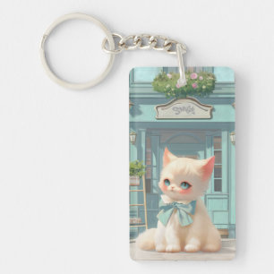 Fluffy Kitten with Blue Bow at Pastry Shop Key Ring