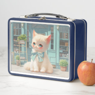 Fluffy Kitten with Blue Bow at Pastry Shop Metal Lunch Box