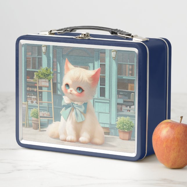Fluffy Kitten with Blue Bow at Pastry Shop Metal Lunch Box (In Situ)