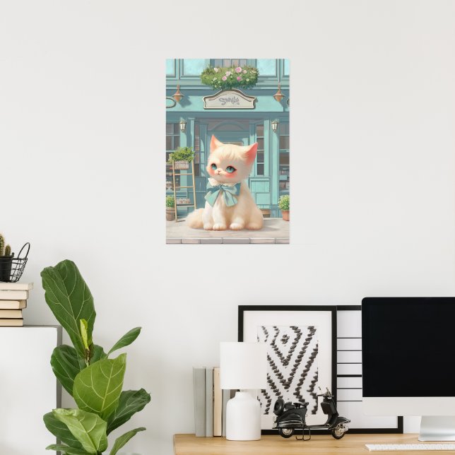 Fluffy Kitten with Blue Bow at Pastry Shop Poster (Home Office)