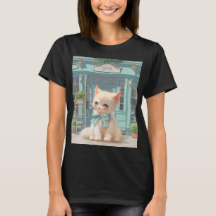 Fluffy Kitten with Blue Bow at Pastry Shop T-Shirt