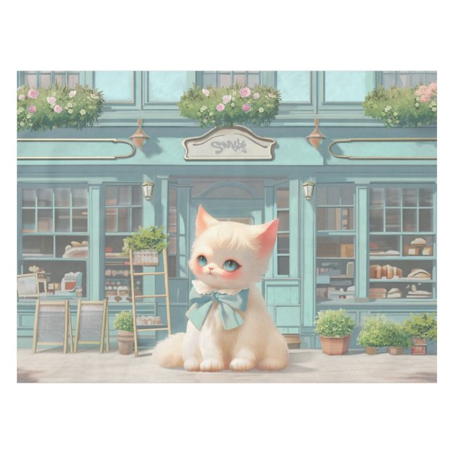 Fluffy Kitten with Blue Bow at Pastry Shop Tablecloth (Front (Horizontal))