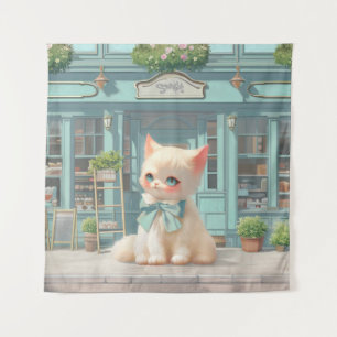 Fluffy Kitten with Blue Bow at Pastry Shop Tapestry