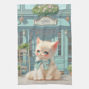 Fluffy Kitten with Blue Bow at Pastry Shop Tea Towel