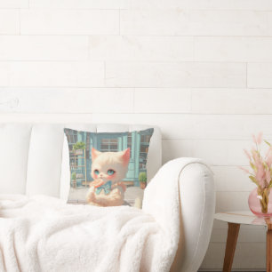 Fluffy Kitten with Lollipop at Pastry Shop Cushion