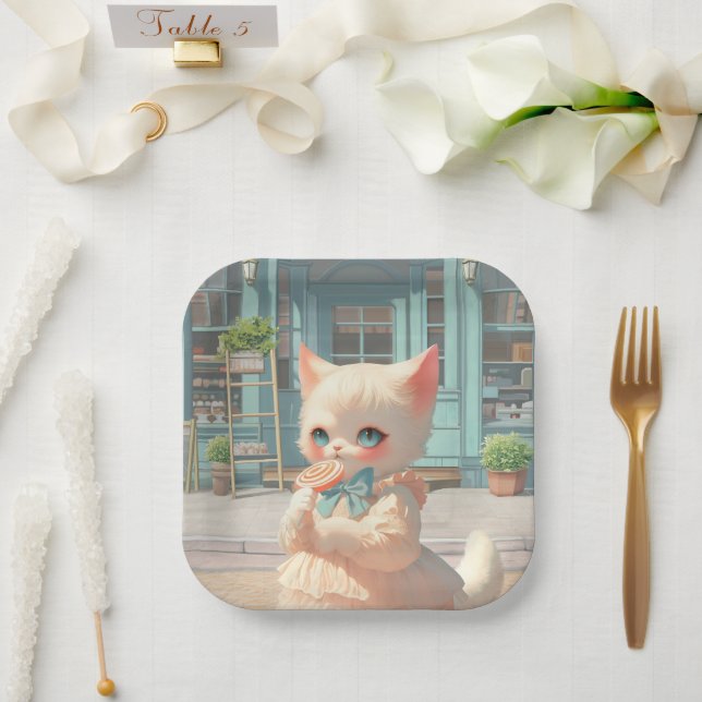 Fluffy Kitten with Lollipop at Pastry Shop Paper Plate (Wedding)