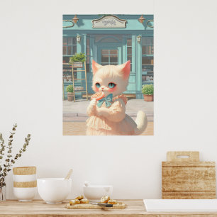 Fluffy Kitten with Lollipop at Pastry Shop Poster