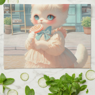 Fluffy Kitten with Lollipop at Pastry Shop Tea Towel