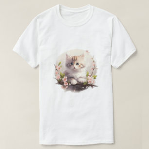 Fluffy Kitten with Pink Flowers Watercolor T-Shirt