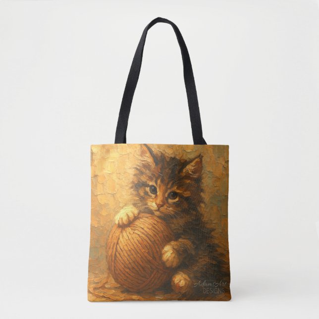 Fluffy Kitten with Yarn Ball – Impressionist Tote Bag (Front)