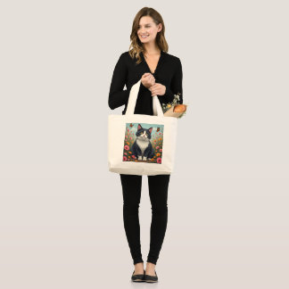 Fluffy Kitty in the Garden Large Tote Bag