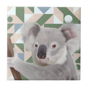 Fluffy Koala Green Geometric Background Tile