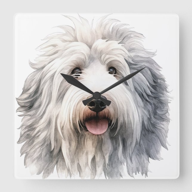 FLUFFY LARGE OLD ENGLISH SHEEPDOG DOG SQUARE WALL CLOCK (Front)