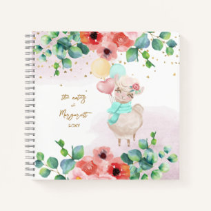 Fluffy Llama Illustration Flowers Girl Daily Diary Notebook