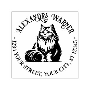 Fluffy Long Hair Cat Sitting #1 Name Ret Address Self-inking Stamp