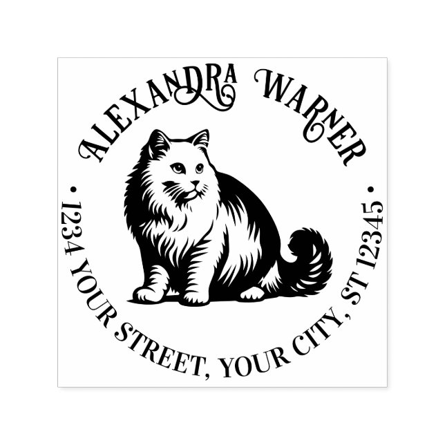 Fluffy Long Hair Cat Sitting #2 Name Ret Address Self-inking Stamp (Design)