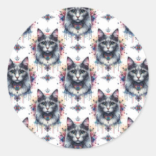 Fluffy Long Hair Grey and White Tuxedo Cat Classic Round Sticker
