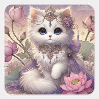 Fluffy Lotus Princess Cat Square Sticker