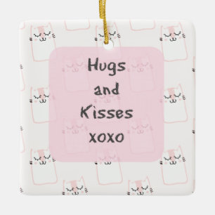 Fluffy Marshmallow Kitty in Pink   Hugs and Kisses Ceramic Tree Decoration