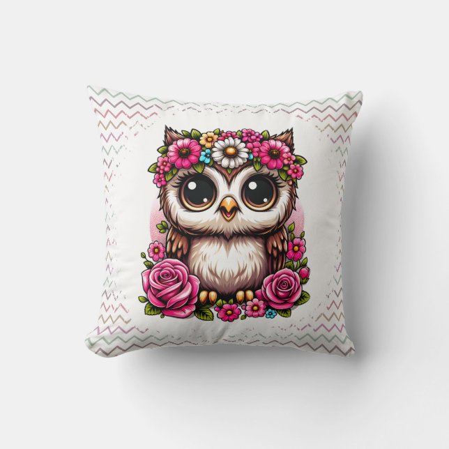 Fluffy Owl with Daisy & Rose Crown  Cushion (Front)