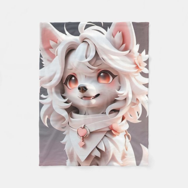 Fluffy Pink And White Puppy Fleece Blanket (Front)