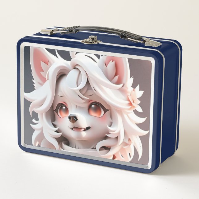 Fluffy Pink And White Puppy Metal Lunch Box (Front)