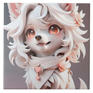 Fluffy Pink And White Puppy Tile