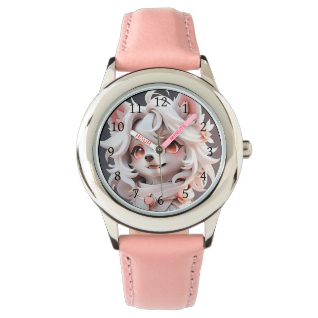 Fluffy Pink And White Puppy Watch (Front)