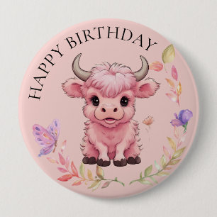 Fluffy Pink Highlands Scottish Cow 10 Cm Round Badge