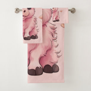Fluffy Pink Highlands Scottish Cow Bath Towel Set