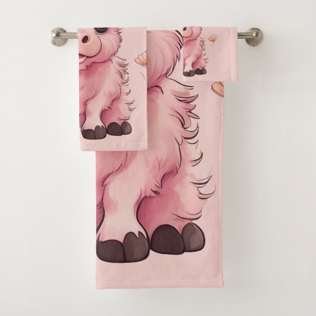 Fluffy Pink Highlands Scottish Cow Bath Towel Set (Insitu)